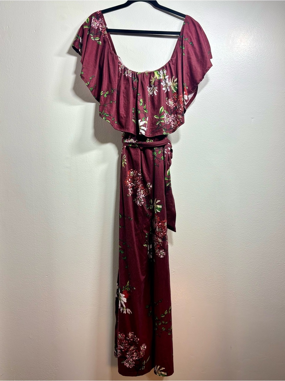Burgundy Floral Off-Shoulder Maxi